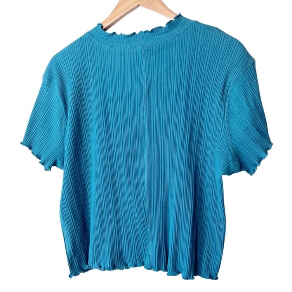 Wild Fable Womens Teal Blue Ribbed Lettuce Hem Mock Neck Short Sleeve Top XXL - Picture 4 of 8